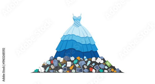 A layered, blue-toned ball gown emerges from a large, dark mound of mixed garbage on a clean white background.