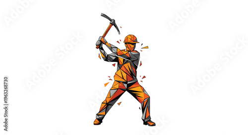 Dynamic illustration of a miner with a pickaxe in a vibrant abstract style.
