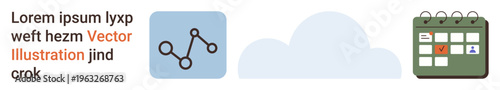 Digital organization, cloud technology, networking, productivity tools, data management, and scheduling. Icon of connected nodes, a cloud and a marked calendar. Cloud technology and digital