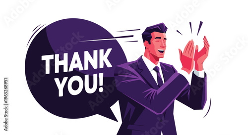 Businessman Applauding with Thank You Speech Bubble