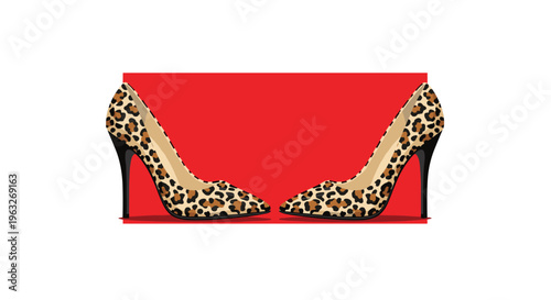 Two leopard print high heels with pointed toes face each other on a red rectangular background against a white backdrop.