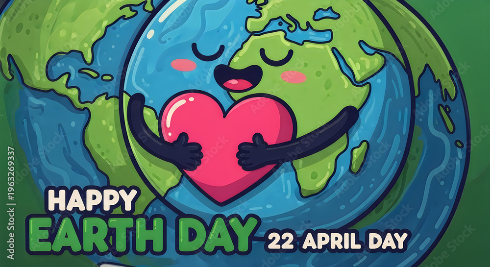 Fototapeta premium Happy earth day cartoon illustration with a smiling planet hugging a pink heart with eco friendly