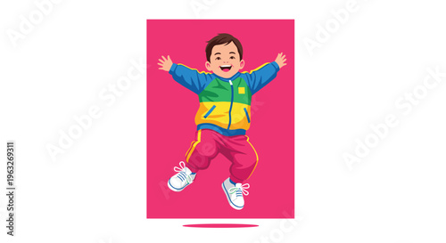 A happy young boy in a colorful jacket and red pants jumps with arms outstretched against a solid pink background.
