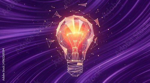 Glowing polygonal light bulb representing innovation idea technology network and artificial intelligence on purple abstract background