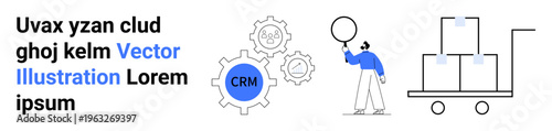 Highlighting CRM and logistics process with gears, worker pushing cart, and warehouse stock. Ideal for business automation, CRM, logistics, teamwork, warehouse, supply chain simple landing page