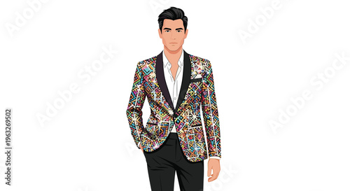 A stylish man with dark hair stands confidently, wearing a colorful geometric patterned blazer and black trousers.