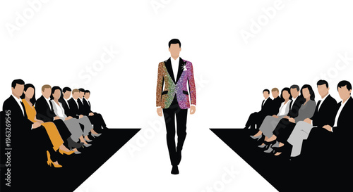 A man in a glittery rainbow suit walks down a white runway between two seated audiences.