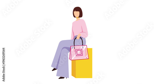 A woman with a bob haircut sits on a yellow box, holding a transparent pink shopping bag, wearing a pink top and lavender trousers.