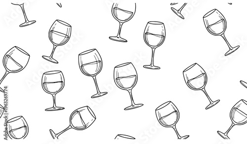 Hand drawn wine glass continuous line pattern vector with diagonal repeat minimal outline for bar and packaging design