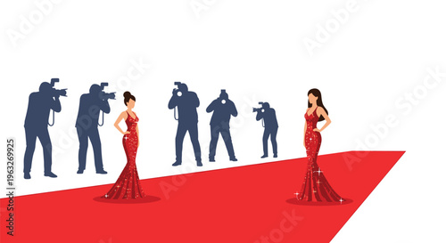Two glamorous female celebrities pose in sparkling red gowns on a red carpet with paparazzi.