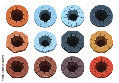 Variety of Game Holes. Cartoon Pits. Stylized Wells. Stone, Cracked Texture. UI Assets.