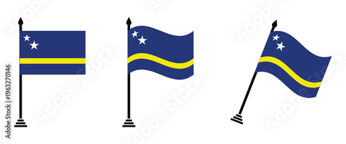 Curaçao Flag on Flagpole Set Flat and Waving National Symbols on Black Pole Vector Illustration.