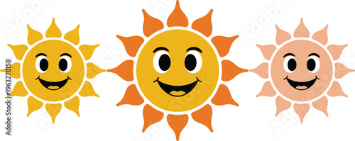 Smiling suns icons in minimalist flat design on white background illustration