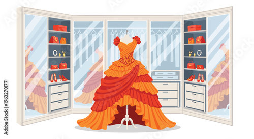A lavish orange and red tiered gown is displayed on a mannequin inside a modern walk-in closet.