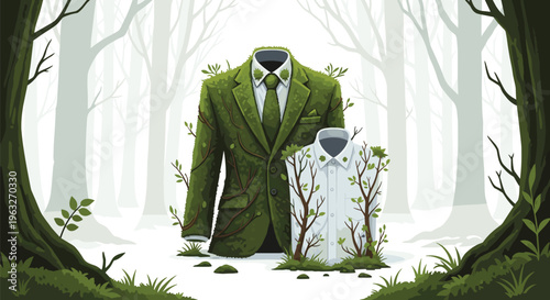 A green suit jacket and a white dress shirt, both covered in leaves, stand in a misty forest.