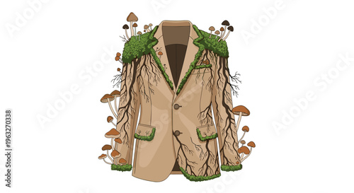 A beige blazer is overgrown with green moss, brown roots, and small mushrooms against a white background.