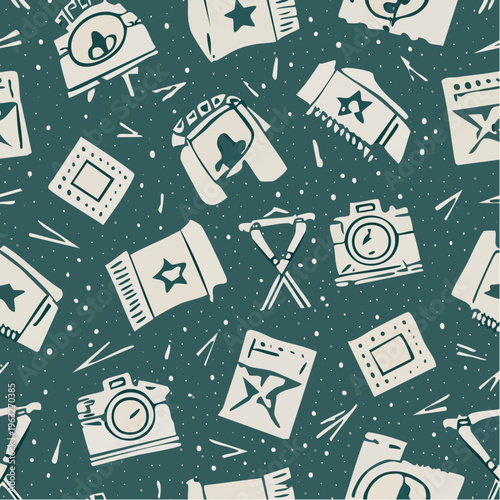 Seamless pattern with travel and camping elements.