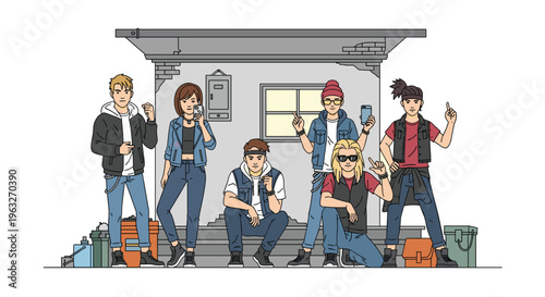 Six young adults in casual attire pose in front of a building facade with a window and an electrical box.