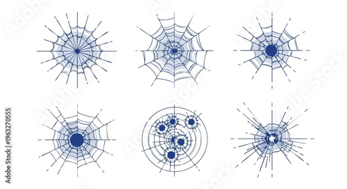 Bullet holes set. Glass crack impact. Shattered window damage. Vector graphic collection.