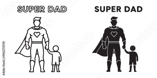 Super dad and child illustrations in line and silhouette styles together