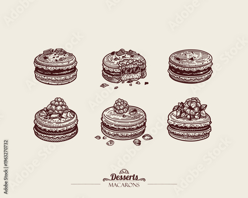 Macarons Set. Vector Illustration. Meringue cookies with dark chocolate ganache, raspberry cream and pistachio nuts. French Dessert. Line art Illustration, sketch style.