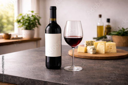 Blank Wine Bottle and Glass with Cheese Board Background
