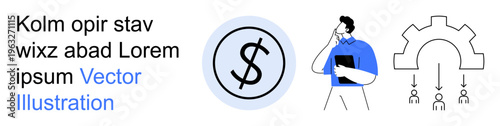 Financial planning, process optimization, decision-making, business operations, investment strategies, idea generation. Dollar symbol, thoughtful person cog with arrows. Financial planning