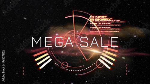 Animation of mega sale text with geometric shapes and computer language in galaxy