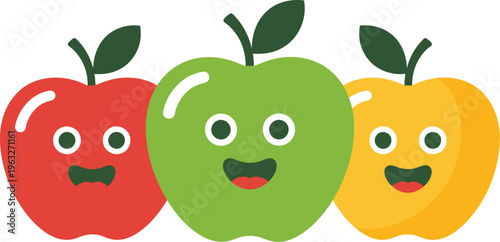 Three cartoon apples with smiling faces and leaves on top side by side