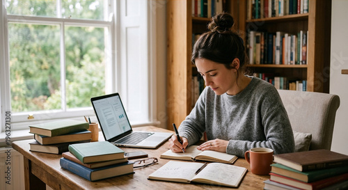 Focused student writing in notebook while studying at home.