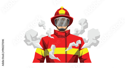Brave Firefighter in Protective Gear Surrounded by Smoke.