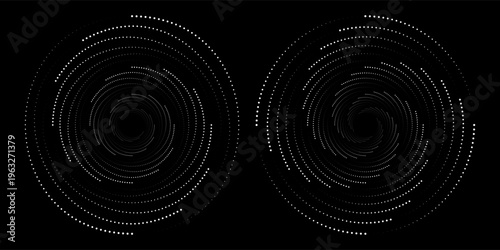 Halftone circular dotted frames set. Circle dots texture isolated on white background. Spotted spray texture. Vector abstract design element spiral circle sound wave vector logo modern black and white