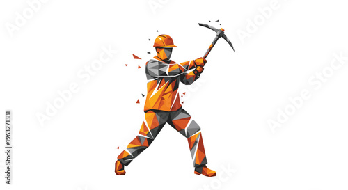 Dynamic illustration of a miner with a pickaxe ready to strike.