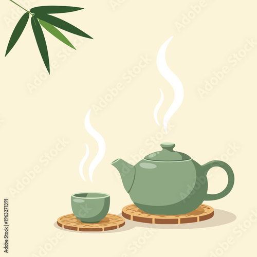Traditional Hot Tea Set. Steaming Teapot and Teacup. Asian Tea Ceremony Illustration. Serene Beverage.