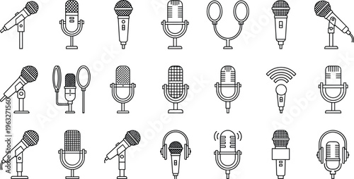 Black and white line illustration of diverse microphone icons, vintage, studio, handheld, headset, audio recording and broadcasting equipment design concepts