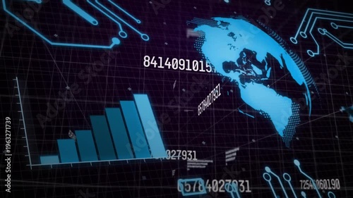 Animation of digital data processing over globe and computer circuit board
