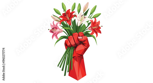 Red clenched fist holding a vibrant bouquet of lilies.