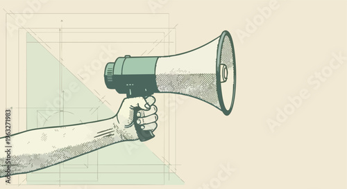 Hand holding megaphone illustration. Vintage communication tool graphic. Retro announcement art. Halftone texture.