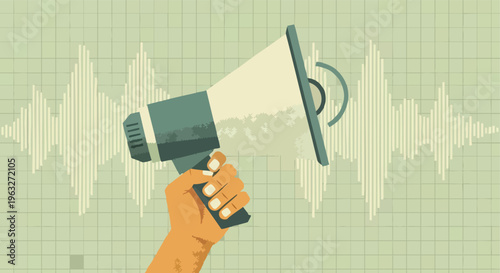 Hand holding megaphone illustration. Public announcement concept. Retro textured graphic with sound waves background.