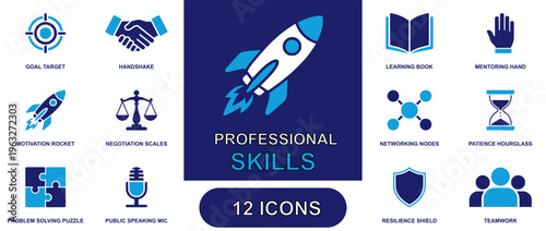 Professional skills icon set. Containing goal target, handshake, learning book, mentoring hand, motivation rocket, negotiation scales, networking nodes, patience hourglass, problem solving puzzle, pub