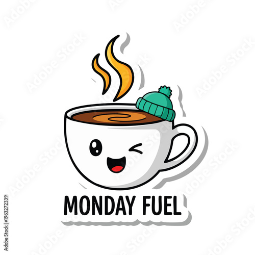 Cute winking coffee cup character. Monday fuel illustration. Cheerful morning drink graphic.