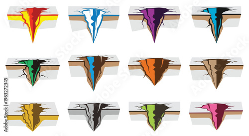 Colorful Ground Cracks, Stylized Fissures, Graphic Damage Elements, Broken Surface Set.