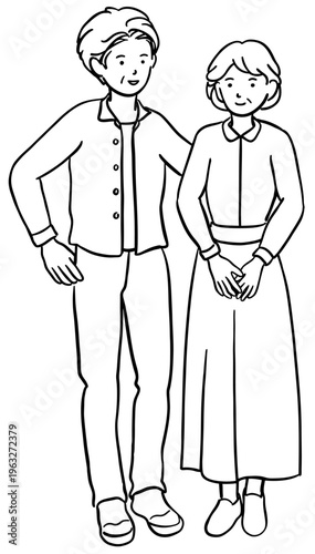 仲が良い高齢夫婦のイラスト　線画