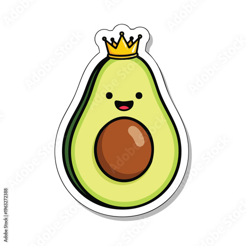 Cute Crowned Avocado Sticker. Happy Cartoon Avocado Character. Royal Fruit Illustration.