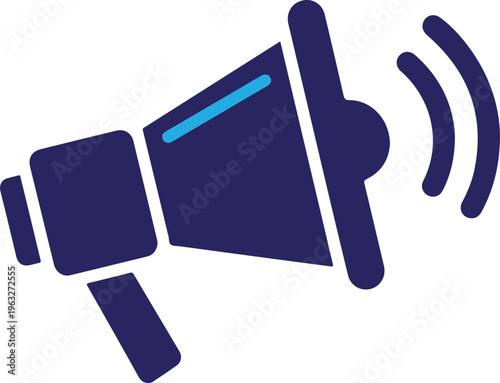 A large dark blue megaphone with a light blue line on it is shown in profile view
