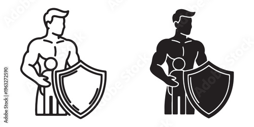 Vector illustrations of muscular men holding shields in black and white