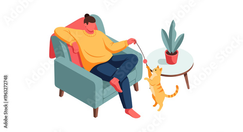 Person Relaxing at Home Playing with a Lively Cat in an Armchair