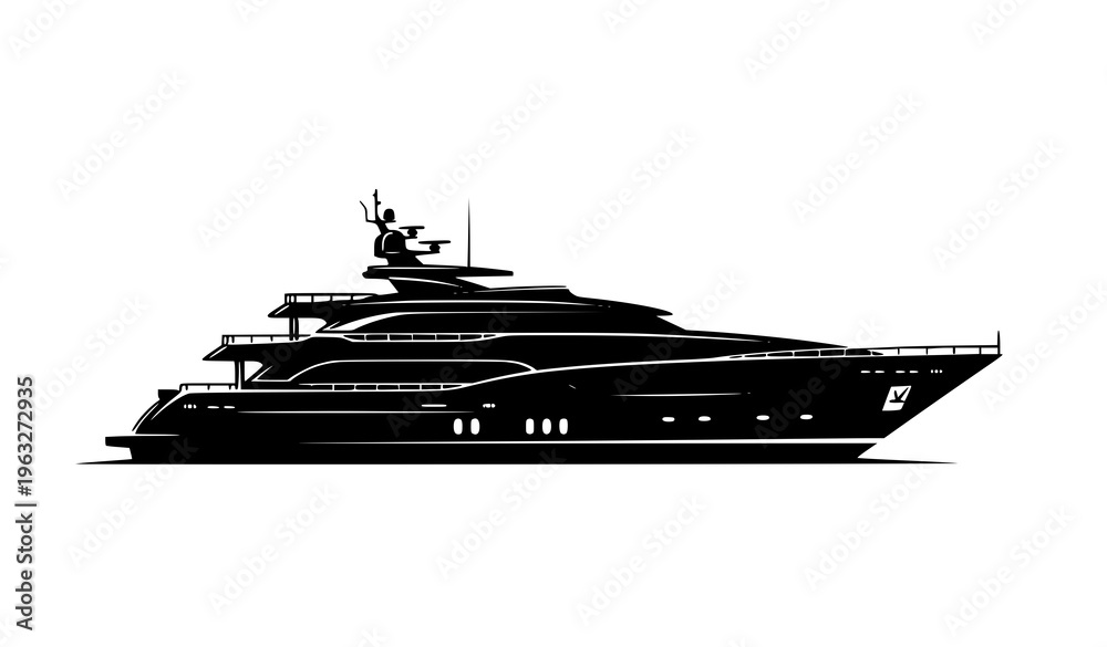 Fototapeta premium Luxury yacht silhouette vector with sleek modern boat design isolated on white for nautical travel branding