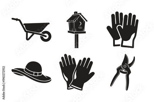 Gardening tools silhouette set bundle vector graphic elements.