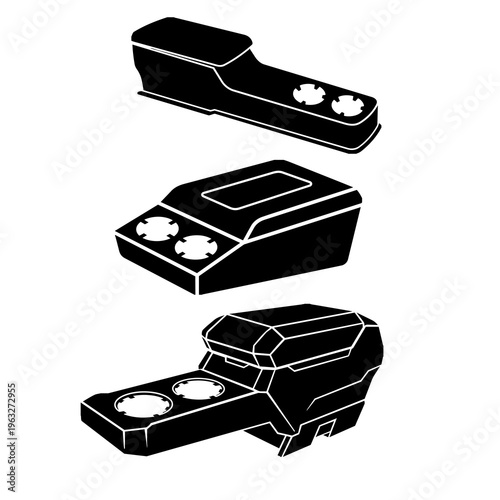Set of Black and White Car Center Console and Armrest Vector Icons with Cup Holders